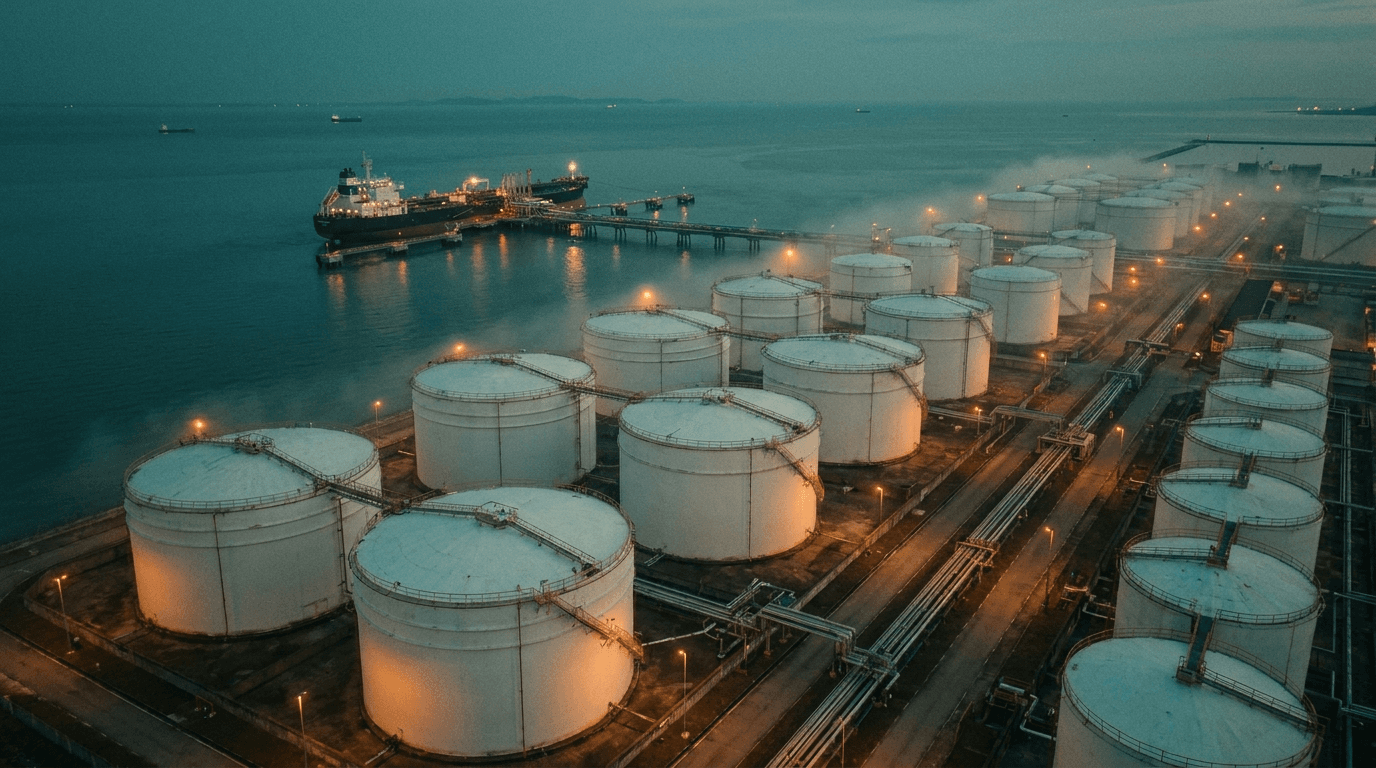 Coastal oil and gas storage terminal at blue hour with a berthed tanker