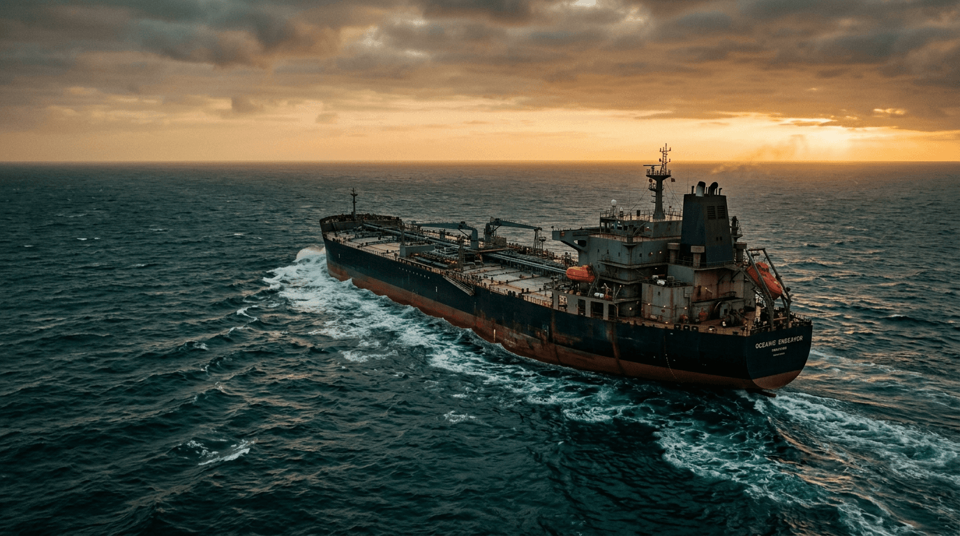 Crude oil tanker crossing open ocean at golden hour